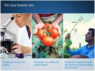 Por isso investe em: Pesquisas na área de saúde Pesquisas na cadeia de alimentação Pesquisas na preservação do clima e na preservação de recursos 