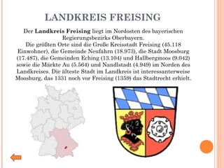 LANDKREIS FREISING Der  Landkreis Freising  liegt im Nordosten des bayerischen Regierungsbezirks Oberbayern. Die größten Orte sind die Große Kreisstadt Freising (45.118 Einwohner), die Gemeinde Neufahrn (18.973), die Stadt Moosburg (17.487), die Gemeinden Eching (13.104) und Hallbergmoos (9.042) sowie die Märkte Au (5.564) und Nandlstadt (4.949) im Norden des Landkreises. Die älteste Stadt im Landkreis ist interessanterweise Moosburg, das 1331 noch vor Freising (1359) das Stadtrecht erhielt. 