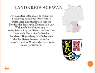 LANDKREIS SCHWANDORF Der  Landkreis Schwandorf  liegt im Regierungsbezirk der Oberpfalz in Ostbayern. Nachbarkreise sind im Norden der Landkreis Neustadt an der Waldnaab, im Nordosten die tschechische Region Pilsen, im Osten der Landkreis Cham, im Süden der Landkreis Regensburg, im Südwesten der Landkreis Neumarkt in der Oberpfalz und im Westen der Landkreis Amberg-Sulzbach. 