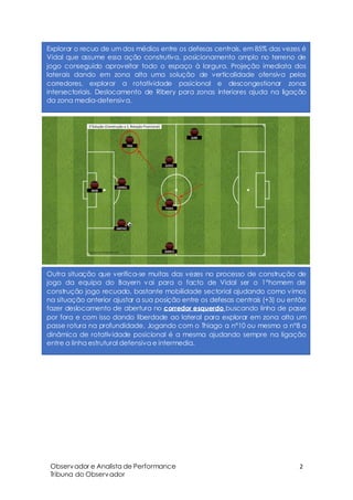 Observador e Analista de Performance
Tribuna do Observador
2
Explorar o recuo de um dos médios entre os defesas centrais, em 85% das vezes é
Vidal que assume essa ação construtiva, posicionamento amplo no terreno de
jogo conseguido aproveitar todo o espaço à largura. Projeção imediata dos
laterais dando em zona alta uma solução de verticalidade ofensiva pelos
corredores, explorar a rotatividade posicional e descongestionar zonas
intersectoriais. Deslocamento de Ribery para zonas interiores ajuda na ligação
da zona media-defensiva.
Outra situação que verifica-se muitas das vezes no processo de construção de
jogo da equipa do Bayern vai para o facto de Vidal ser o 1°homem de
construção jogo recuado, bastante mobilidade sectorial ajudando como vimos
na situação anterior ajustar a sua posição entre os defesas centrais (+3) ou então
fazer deslocamento de abertura no corredor esquerdo buscando linha de passe
por fora e com isso dando liberdade ao lateral para explorar em zona alta um
passe rotura na profundidade. Jogando com o Thiago a n°10 ou mesmo a n°8 a
dinâmica de rotatividade posicional é a mesma ajudando sempre na ligação
entre a linha estrutural defensiva e intermedia.
 