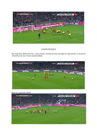 COUPS FRANCS
Sur coup franc défensif de face : deux joueurs forment un mur, une ligne de sept joueurs, et un joueur
à l'extérieur du mur. Tout le monde défend.

FREE-KICKS

idem sur coup franc latéral

 