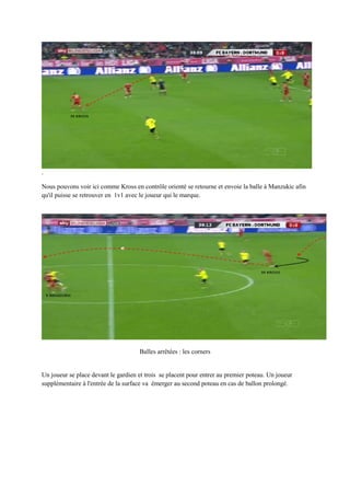 .

Nous pouvons voir ici comme Kross en contrôle orienté se retourne et envoie la balle à Manzukic afin
qu'il puisse se retrouver en 1v1 avec le joueur qui le marque.

Balles arrêtées : les corners

Un joueur se place devant le gardien et trois se placent pour entrer au premier poteau. Un joueur
supplémentaire à l'entrée de la surface va émerger au second poteau en cas de ballon prolongé.

 