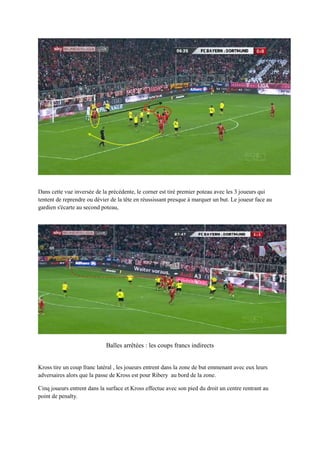 Dans cette vue inversée de la précédente, le corner est tiré premier poteau avec les 3 joueurs qui
tentent de reprendre ou dévier de la tête en réussissant presque à marquer un but. Le joueur face au
gardien s'écarte au second poteau,

Balles arrêtées : les coups francs indirects
FREE-KICKS
Kross tire un coup franc latéral , les joueurs entrent dans la zone de but emmenant avec eux leurs
adversaires alors que la passe de Kross est pour Ribery au bord de la zone.
Cinq joueurs entrent dans la surface et Kross effectue avec son pied du droit un centre rentrant au
point de penalty.

 