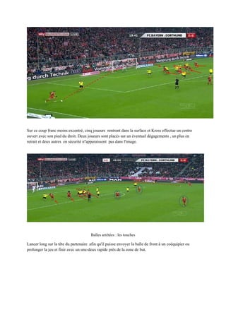 Sur ce coup franc moins excentré, cinq joueurs rentrent dans la surface et Kross effectue un centre
ouvert avec son pied du droit. Deux joueurs sont placés sur un éventuel dégagements , un plus en
retrait et deux autres en sécurité n''apparaissent pas dans l'image.

OFFENSIVE STRATEGY-INS
Balles arrêtées : les touches

Lancer long sur la tête du partenaire afin qu'il puisse envoyer la balle de front à un coéquipier ou
prolonger la jeu et finir avec un une-deux rapide près de la zone de but.

 