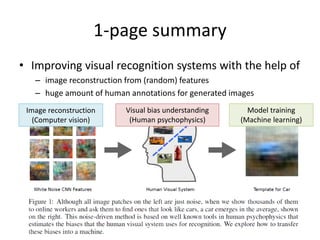 1-page summary
• Improving visual recognition systems with the help of
– image reconstruction from (random) features
– huge amount of human annotations for generated images
3
Image reconstruction
(Computer vision)
Visual bias understanding
(Human psychophysics)
Model training
(Machine learning)
 