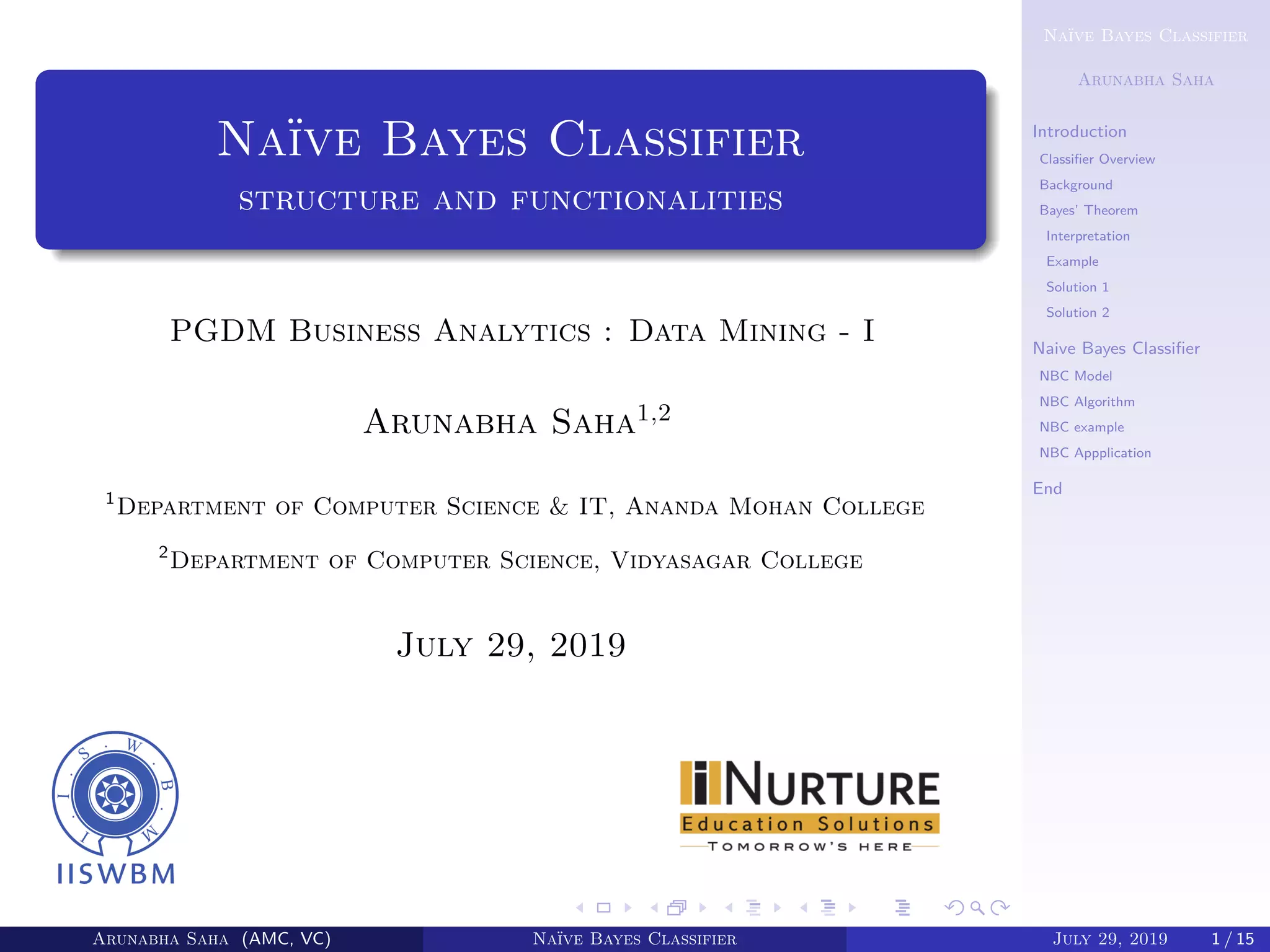 Naïve Bayes Classifier
Arunabha Saha
Introduction
Classiﬁer Overview
Background
Bayes’ Theorem
Interpretation
Example
Solution 1
Solution 2
Naive Bayes Classiﬁer
NBC Model
NBC Algorithm
NBC example
NBC Appplication
End
Naïve Bayes Classifier
structure and functionalities
PGDM Business Analytics : Data Mining - I
Arunabha Saha1,2
1
Department of Computer Science & IT, Ananda Mohan College
2
Department of Computer Science, Vidyasagar College
July 29, 2019
Arunabha Saha (AMC, VC) Naïve Bayes Classifier July 29, 2019 1 / 15
 