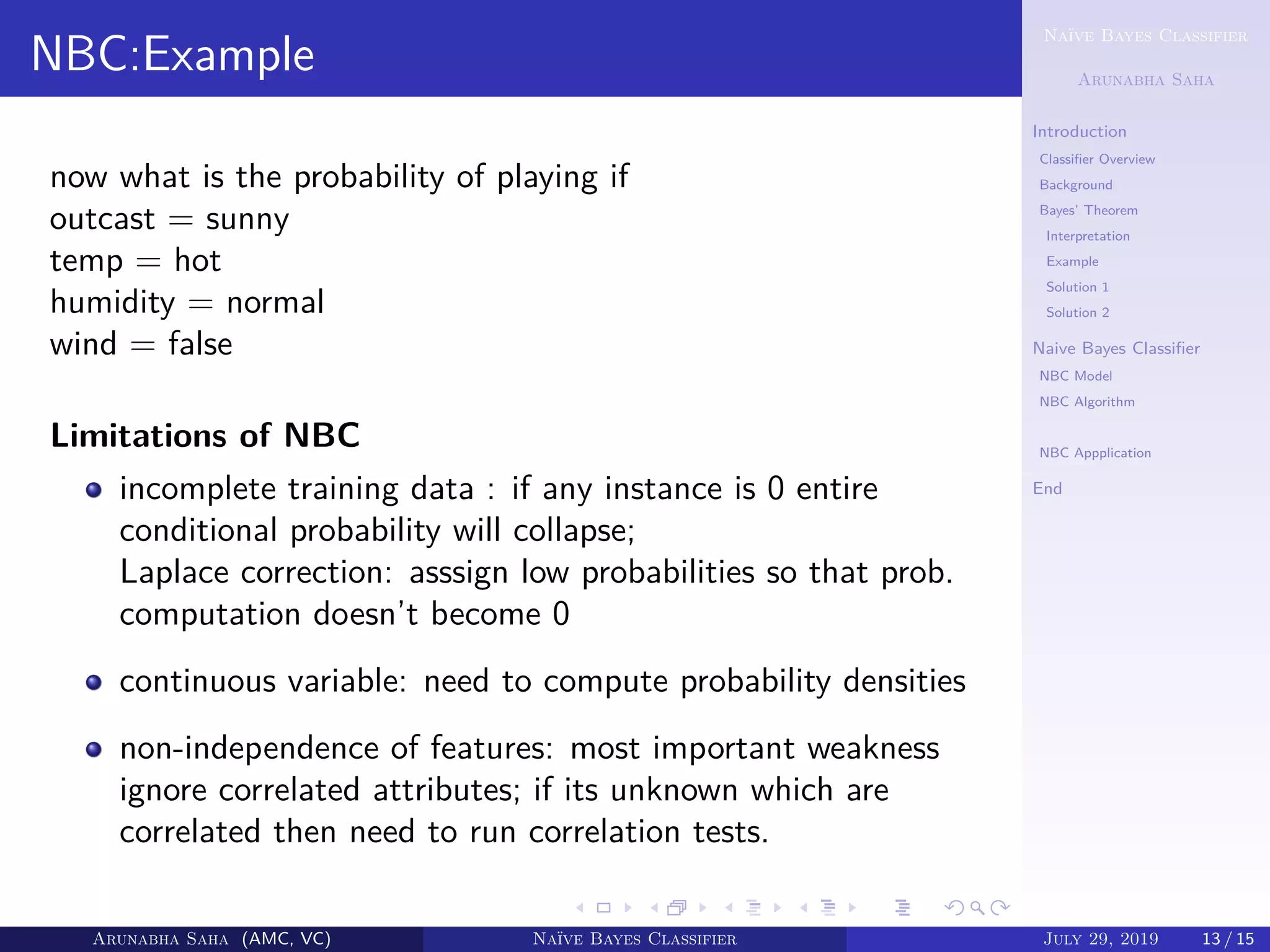 Naïve Bayes Classifier
Arunabha Saha
Introduction
Classiﬁer Overview
Background
Bayes’ Theorem
Interpretation
Example
Solution 1
Solution 2
Naive Bayes Classiﬁer
NBC Model
NBC Algorithm
NBC example
NBC Appplication
End
NBC:Example
now what is the probability of playing if
outcast = sunny
temp = hot
humidity = normal
wind = false
Limitations of NBC
incomplete training data : if any instance is 0 entire
conditional probability will collapse;
Laplace correction: asssign low probabilities so that prob.
computation doesn’t become 0
continuous variable: need to compute probability densities
non-independence of features: most important weakness
ignore correlated attributes; if its unknown which are
correlated then need to run correlation tests.
Arunabha Saha (AMC, VC) Naïve Bayes Classifier July 29, 2019 13 / 15
 