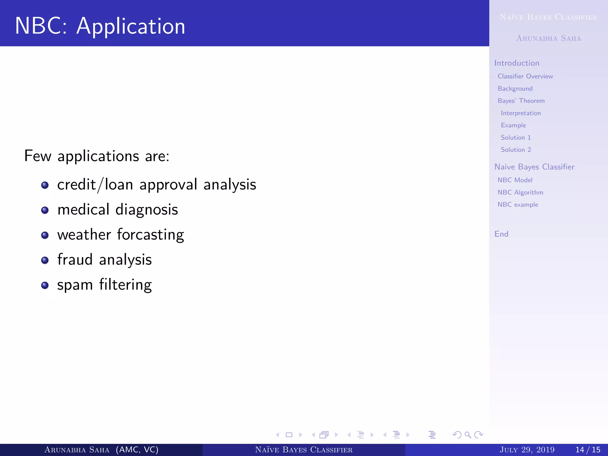 Naïve Bayes Classifier
Arunabha Saha
Introduction
Classiﬁer Overview
Background
Bayes’ Theorem
Interpretation
Example
Solution 1
Solution 2
Naive Bayes Classiﬁer
NBC Model
NBC Algorithm
NBC example
NBC Appplication
End
NBC: Application
Few applications are:
credit/loan approval analysis
medical diagnosis
weather forcasting
fraud analysis
spam ﬁltering
Arunabha Saha (AMC, VC) Naïve Bayes Classifier July 29, 2019 14 / 15
 