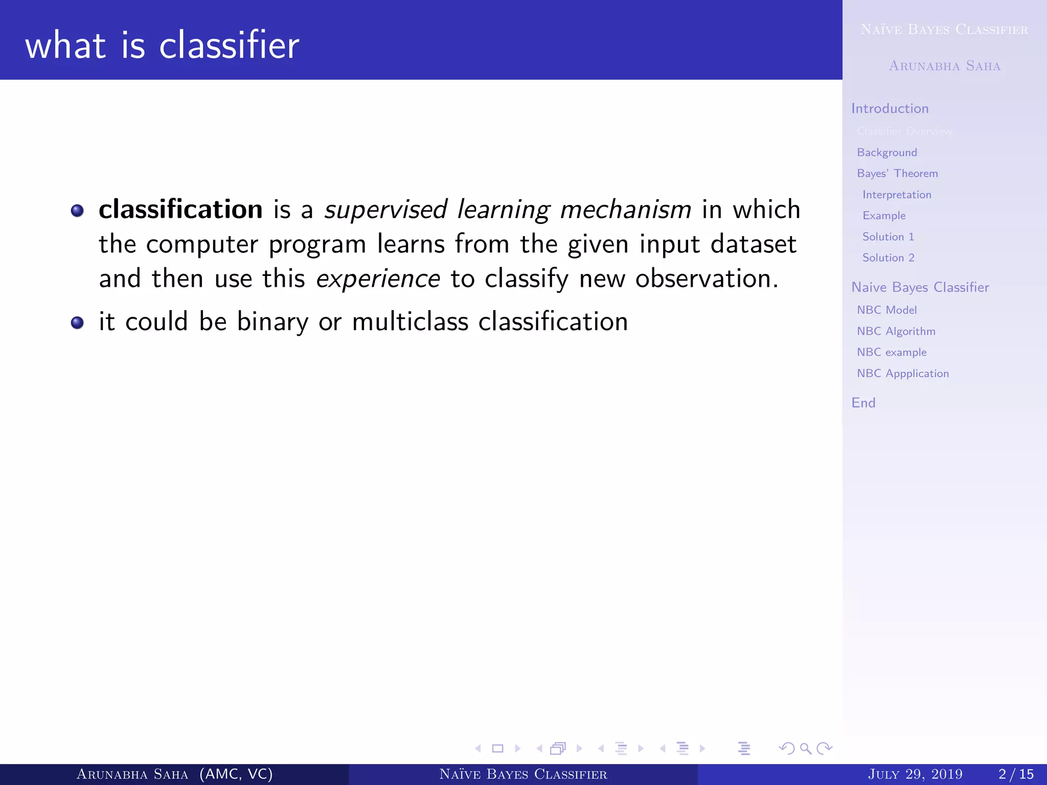 Naïve Bayes Classifier
Arunabha Saha
Introduction
Classiﬁer Overview
Background
Bayes’ Theorem
Interpretation
Example
Solution 1
Solution 2
Naive Bayes Classiﬁer
NBC Model
NBC Algorithm
NBC example
NBC Appplication
End
what is classiﬁer
classiﬁcation is a supervised learning mechanism in which
the computer program learns from the given input dataset
and then use this experience to classify new observation.
it could be binary or multiclass classiﬁcation
Arunabha Saha (AMC, VC) Naïve Bayes Classifier July 29, 2019 2 / 15
 