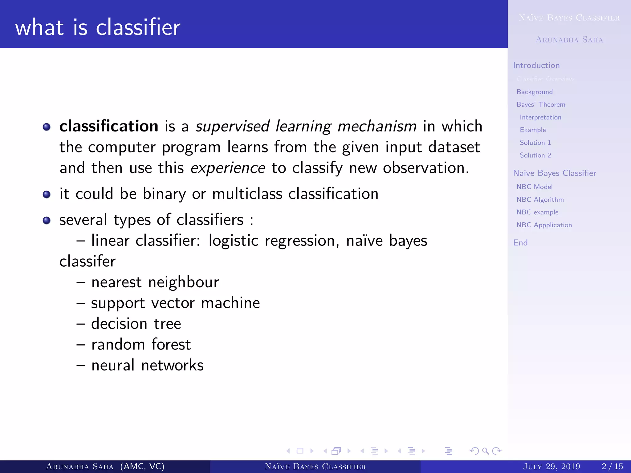 Naïve Bayes Classifier
Arunabha Saha
Introduction
Classiﬁer Overview
Background
Bayes’ Theorem
Interpretation
Example
Solution 1
Solution 2
Naive Bayes Classiﬁer
NBC Model
NBC Algorithm
NBC example
NBC Appplication
End
what is classiﬁer
classiﬁcation is a supervised learning mechanism in which
the computer program learns from the given input dataset
and then use this experience to classify new observation.
it could be binary or multiclass classiﬁcation
several types of classiﬁers :
– linear classiﬁer: logistic regression, naïve bayes
classifer
– nearest neighbour
– support vector machine
– decision tree
– random forest
– neural networks
Arunabha Saha (AMC, VC) Naïve Bayes Classifier July 29, 2019 2 / 15
 