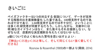さいごに
ベイズファクターは2つの対立する 仮説について，データが支持
する程度の比を直接数量化 した量である。100倍支持するのであ
れば十分であり， 1.04倍支持するのでは不十分だ，ということに
は多くの 研究者が同意するだろう。しかしながら，文献中には
明 確なガイドラインはなく，また我々もそれを提供しな い。な
ぜならば，恣意的な決定規則を与えたくはないか らだ。
p値についてのよく知られた警句を思い出すとよ い：
『神はp＜.05をp＜.06と等しく，そして同じくらい 強く愛してく
ださる』
Rosnow & Rosenthal (1989)の一部より(岡田, 2014)
 