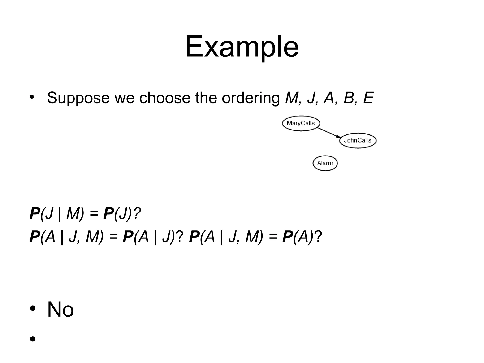 • Suppose we choose the ordering M, J, A, B, E
P(J | M) = P(J)?
P(A | J, M) = P(A | J)? P(A | J, M) = P(A)?
• No
•
Example
 