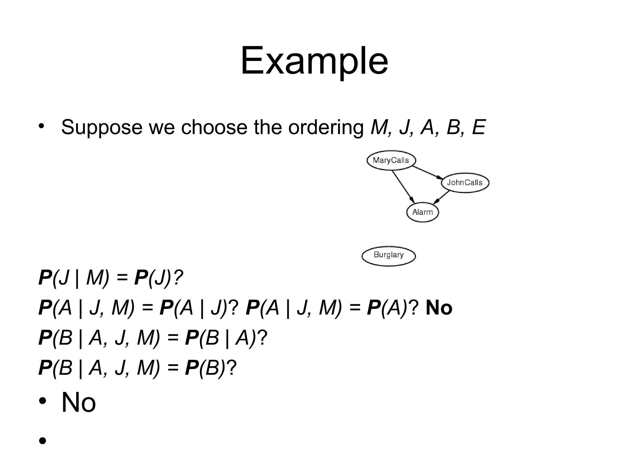 • Suppose we choose the ordering M, J, A, B, E
P(J | M) = P(J)?
P(A | J, M) = P(A | J)? P(A | J, M) = P(A)? No
P(B | A, J, M) = P(B | A)?
P(B | A, J, M) = P(B)?
• No
•
Example
 