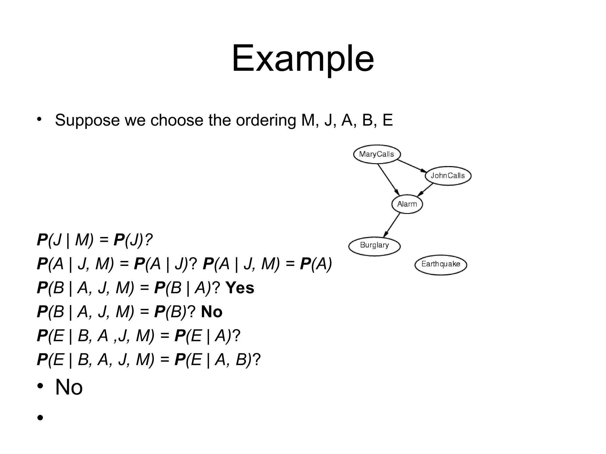 • Suppose we choose the ordering M, J, A, B, E
P(J | M) = P(J)?
P(A | J, M) = P(A | J)? P(A | J, M) = P(A)? No
P(B | A, J, M) = P(B | A)? Yes
P(B | A, J, M) = P(B)? No
P(E | B, A ,J, M) = P(E | A)?
P(E | B, A, J, M) = P(E | A, B)?
• No
•
Example
 