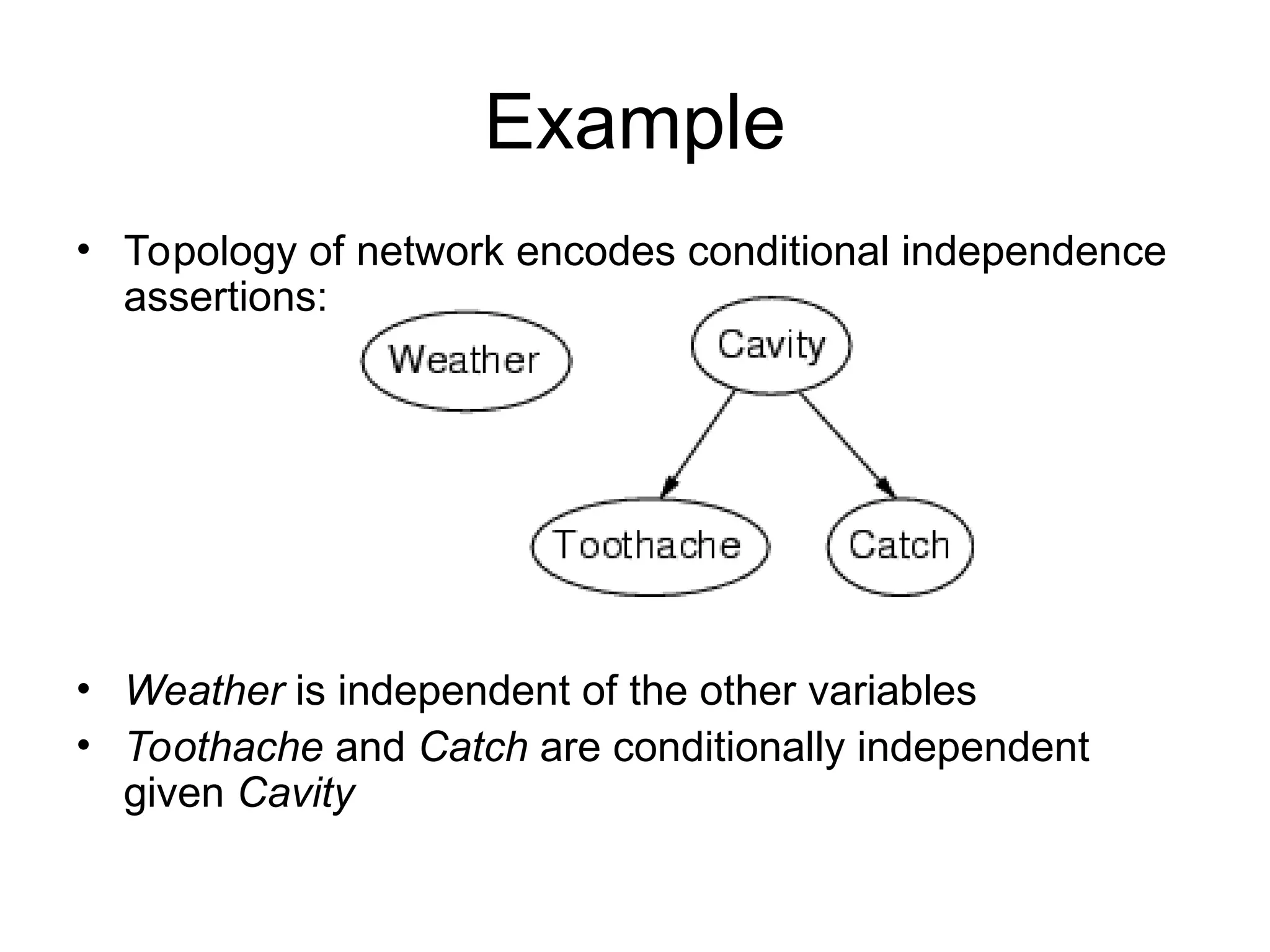 Example
• Topology of network encodes conditional independence
assertions:
• Weather is independent of the other variables
• Toothache and Catch are conditionally independent
given Cavity
 