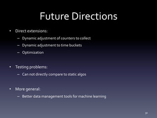 Future	
  Directions	
  
•  Direct	
  extensions:	
  
     –  Dynamic	
  adjustment	
  of	
  counters	
  to	
  collect	
  
     –  Dynamic	
  adjustment	
  to	
  time	
  buckets	
  
     –  Optimization	
  


•  Testing	
  problems:	
  
     –  Can	
  not	
  directly	
  compare	
  to	
  static	
  algos	
  


•  More	
  general:	
  
     –  Better	
  data	
  management	
  tools	
  for	
  machine	
  learning	
  



                                                                                  30	
  
 