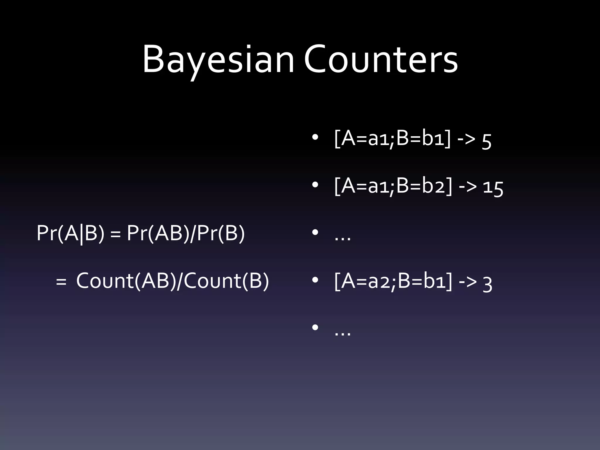 Bayesian Counters
                         • [A=a1;B=b1] -> 5

                         • [A=a1;B=b2] -> 15

Pr(A|B) = Pr(AB)/Pr(B)   • …

  = Count(AB)/Count(B)   • [A=a2;B=b1] -> 3

                         • …
 