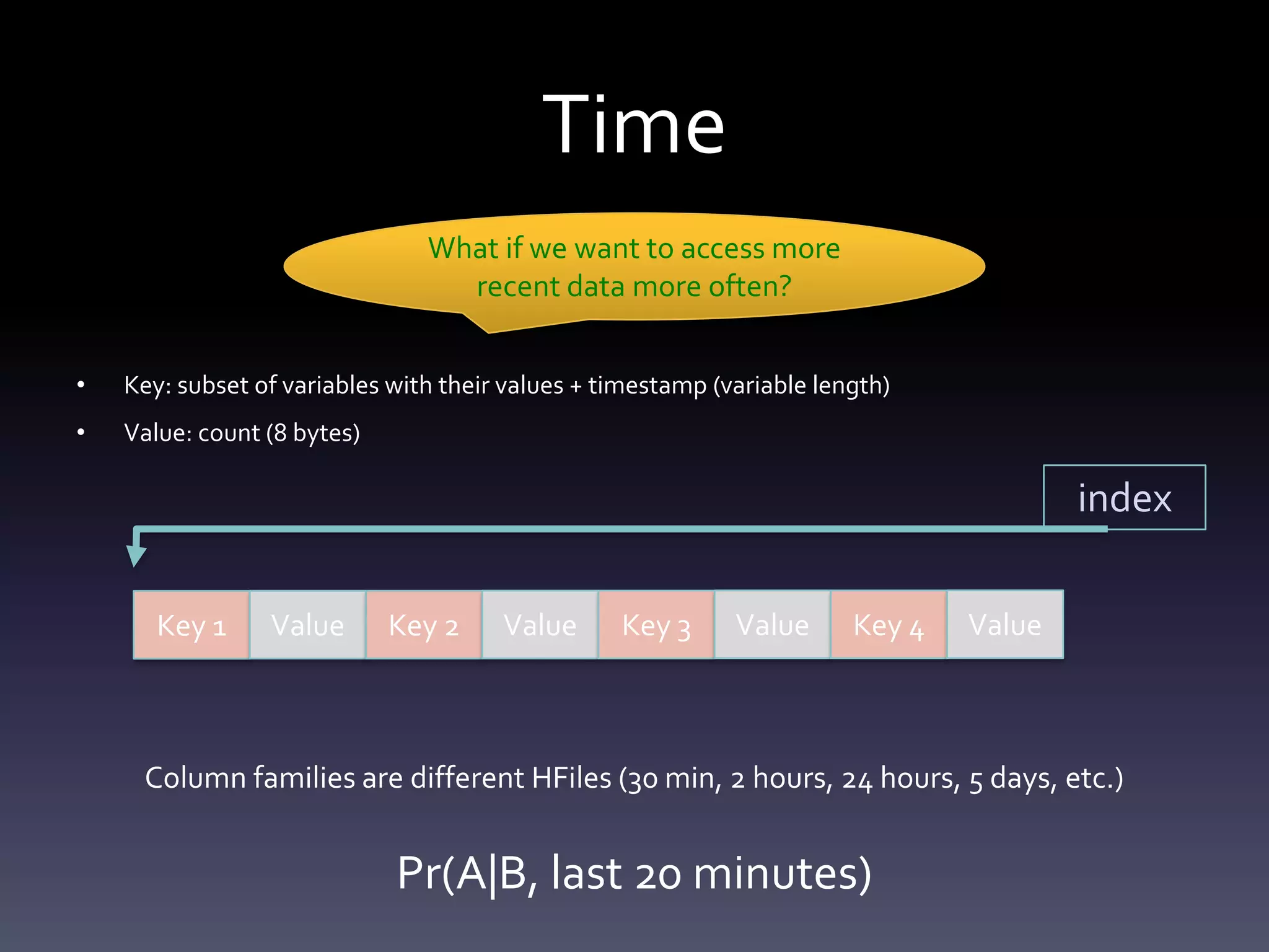 Time
                                What if we want to access more
                                  recent data more often?


•   Key: subset of variables with their values + timestamp (variable length)
•   Value: count (8 bytes)

                                                                                        index

       Key 1     Value       Key 2     Value      Key 3      Value      Key 4   Value



     Column families are different HFiles (30 min, 2 hours, 24 hours, 5 days, etc.)


                             Pr(A|B, last 20 minutes)
 