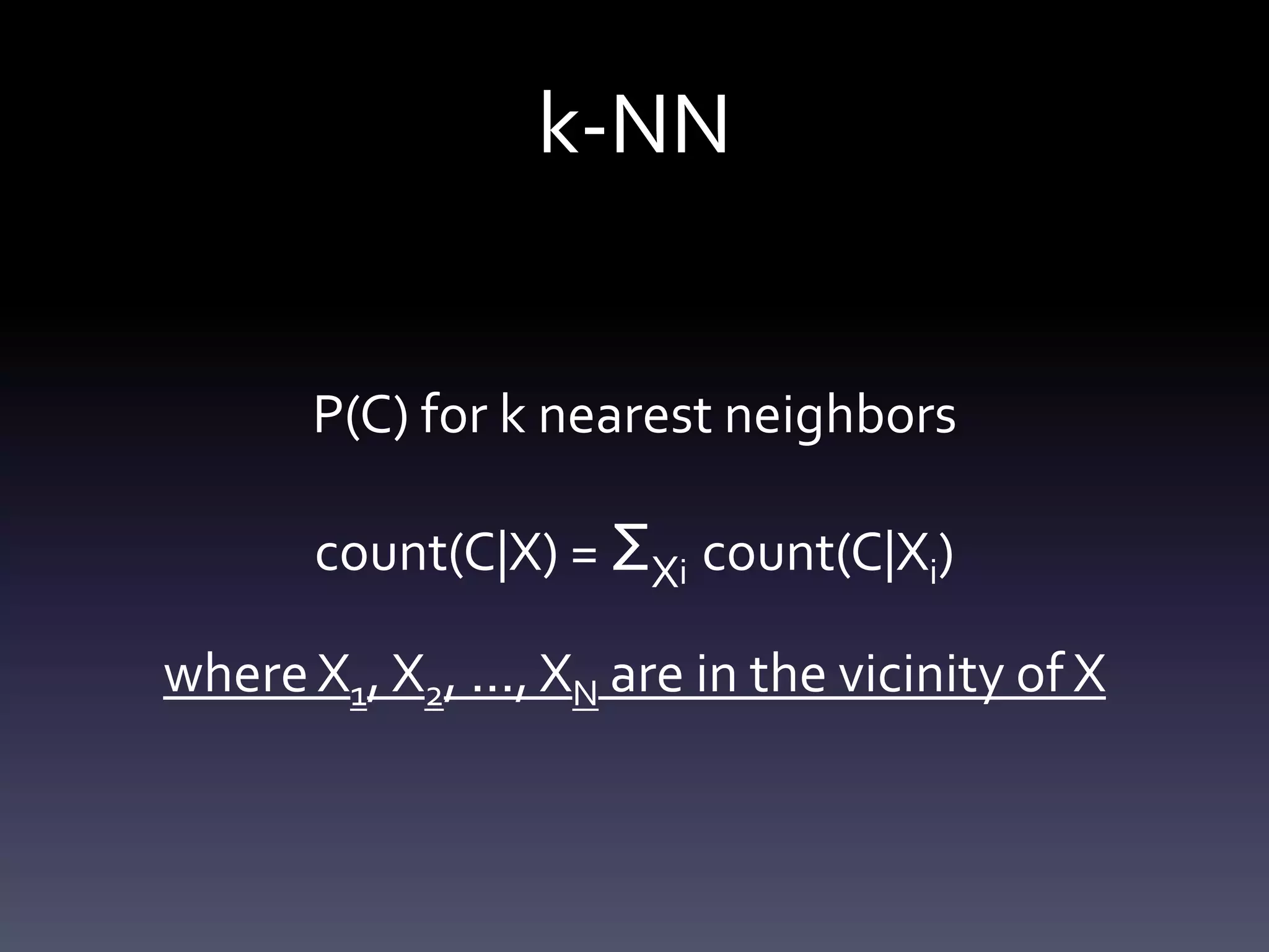 k-NN


       P(C) for k nearest neighbors

       count(C|X) = ΣXi count(C|Xi)

where X1, X2, ..., XN are in the vicinity of X
 