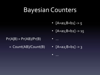 Bayesian Counters
                         • [A=a1;B=b1] -> 5

                         • [A=a1;B=b2] -> 15

Pr(A|B) = Pr(AB)/Pr(B)   • …

  = Count(AB)/Count(B)   • [A=a2;B=b1] -> 3

                         • …
 