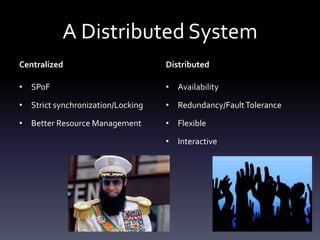A Distributed System
Centralized                        Distributed

• SPoF                             • Availability

• Strict synchronization/Locking   • Redundancy/Fault Tolerance

• Better Resource Management       • Flexible

                                   • Interactive
 