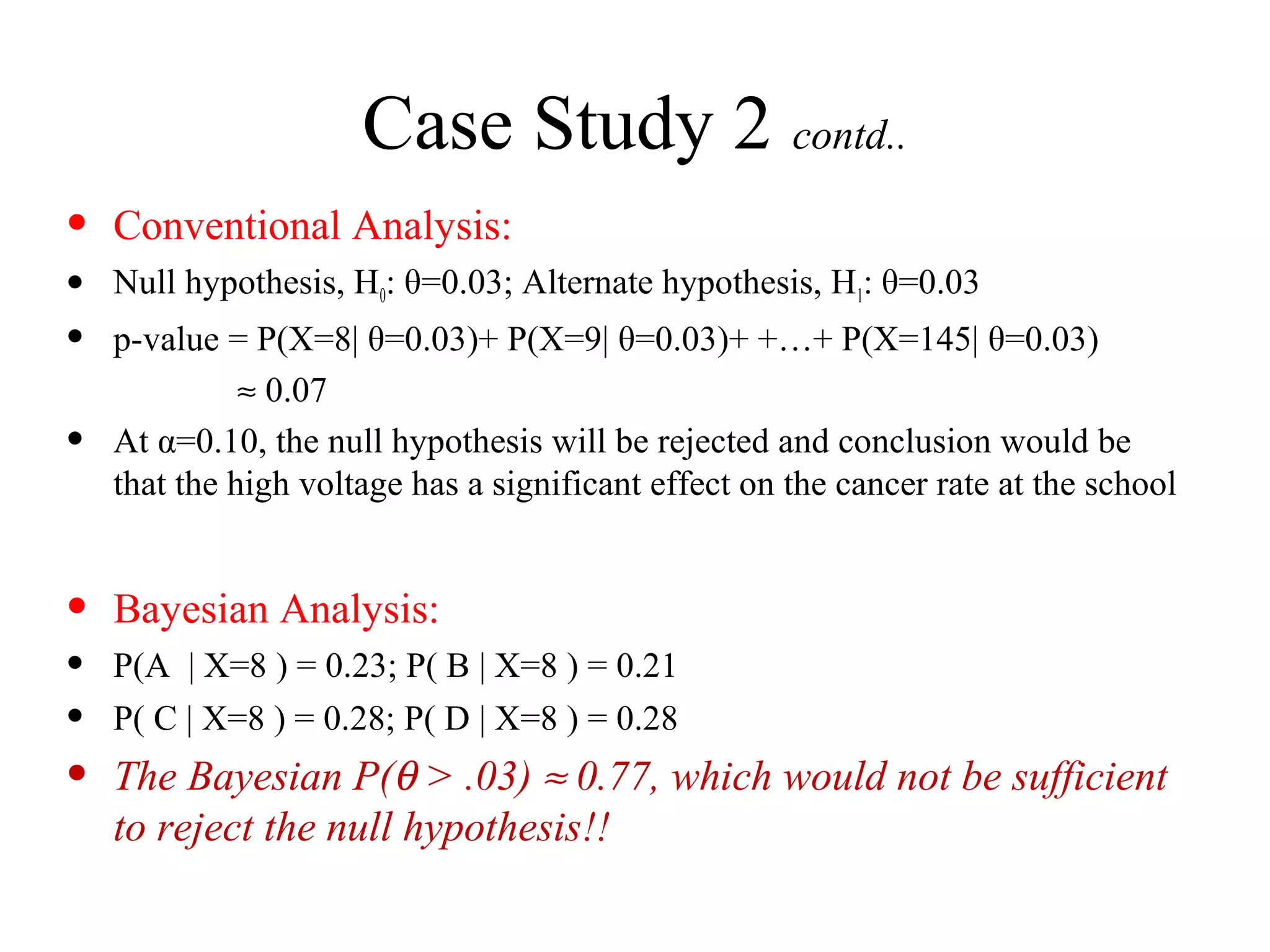 Case Study 2 contd..
•   Conventional Analysis:
•   Null hypothesis, H0: θ=0.03; Alternate hypothesis, H1: θ=0.03
•   p-value = P(X=8| θ=0.03)+ P(X=9| θ=0.03)+ +…+ P(X=145| θ=0.03)
              ≈ 0.07
•   At α=0.10, the null hypothesis will be rejected and conclusion would be
    that the high voltage has a significant effect on the cancer rate at the school


•   Bayesian Analysis:
•   P(A | X=8 ) = 0.23; P( B | X=8 ) = 0.21
•   P( C | X=8 ) = 0.28; P( D | X=8 ) = 0.28
•   The Bayesian P(θ > .03) ≈ 0.77, which would not be sufficient
    to reject the null hypothesis!!
 
