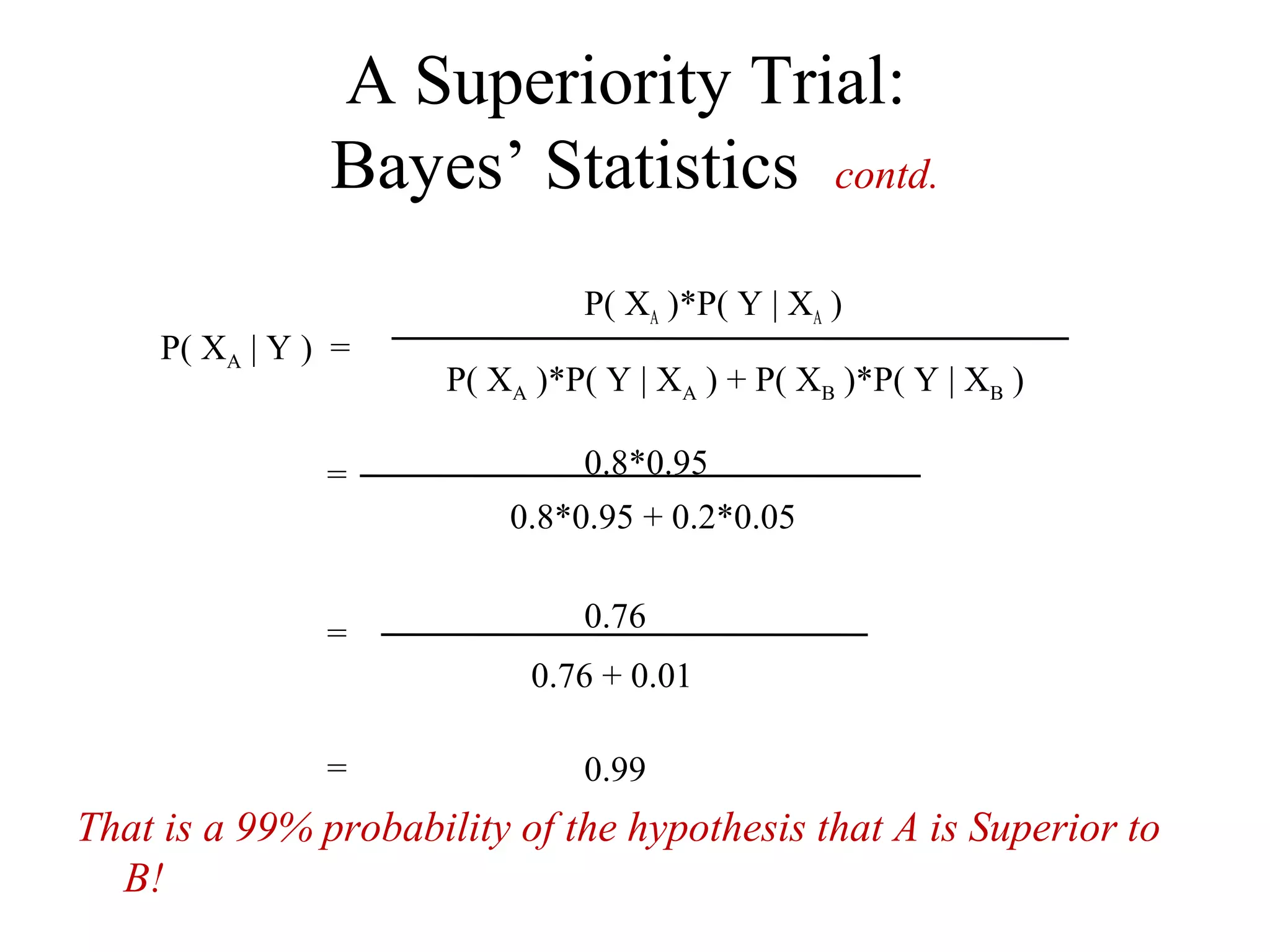 A Superiority Trial:
                Bayes’ Statistics contd.
                               P( XA )*P( Y | XA )
     P( XA | Y ) =
                      P( XA )*P( Y | XA ) + P( XB )*P( Y | XB )

                =              0.8*0.95
                          0.8*0.95 + 0.2*0.05


                =              0.76
                            0.76 + 0.01

                =              0.99
That is a 99% probability of the hypothesis that A is Superior to
  B!
 
