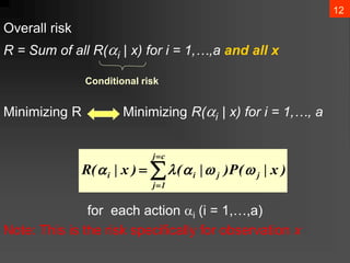 12
Overall risk
R = Sum of all R(i | x) for i = 1,…,a and all x
Minimizing R Minimizing R(i | x) for i = 1,…, a
for each action i (i = 1,…,a)
Note: This is the risk specifically for observation x
Conditional risk




c
j
1
j
j
j
i
i )
x
|
(
P
)
|
(
)
x
|
(
R 




 