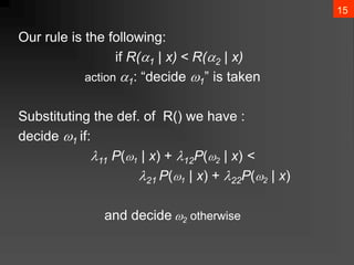 15
Our rule is the following:
if R(1 | x) < R(2 | x)
action 1: “decide 1” is taken
Substituting the def. of R() we have :
decide 1 if:
11 P(1 | x) + 12P(2 | x) <
21 P(1 | x) + 22P(2 | x)
and decide 2 otherwise
 