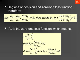 23
? Regions of decision and zero-one loss function,
therefore:
? If ? is the zero-one loss function which means:
b
1
2
a
1
2
)
(
P
)
(
P
2
then
0
1
2
0
if
)
(
P
)
(
P
then
0
1
1
0
?
?
?
?
?
?
?
?
?
?
?
?
?
?
?
?
?
?
?
?
?
?
?
?
?
?
?
?
?
?
?
?
?
?
?
? ?
?
?
?
?
?
?
?
?
?
?
?
?
?
?
)
|
x
(
P
)
|
x
(
P
:
if
decide
then
)
(
P
)
(
P
.
Let
2
1
1
1
2
11
21
22
12
 