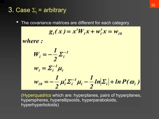 55
3. Case i = arbitrary
• The covariance matrices are different for each category
(Hyperquadrics which are: hyperplanes, pairs of hyperplanes,
hyperspheres, hyperellipsoids, hyperparaboloids,
hyperhyperboloids)
𝑔𝑖 𝑥 = 𝑥𝑡𝑊𝑖𝑥 + 𝑤𝑖
𝑡
𝑥 + 𝑤𝑖0
𝑤ℎ𝑒𝑟𝑒:
Wi = −
1
2
Σ𝑖
−1
wi = Σ𝑖
−1
𝜇𝑖
w𝑖0 = −
1
2
𝜇𝑖
𝑡
Σ𝑖
−1
𝜇𝑖 −
1
2
ln Σ𝑖 + ln 𝑃 (𝜔𝑖)
)
(
P
ln
ln
2
1
2
1
w
w
2
1
W
:
where
w
x
w
x
W
x
)
x
(
g
i
i
i
1
i
t
i
0
i
i
1
i
i
1
i
i
0
i
t
i
i
t
i





















 