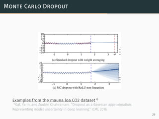 Monte Carlo Dropout
Examples from the mauna loa CO2 dataset 6
6Gal, Yarin, and Zoubin Ghahramani. ”Dropout as a Bayesian approximation:
Representing model uncertainty in deep learning.” ICML 2016.
29
 