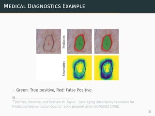 Medical Diagnostics Example
∙ Green: True positive, Red: False Positive
10
10DeVries, Terrance, and Graham W. Taylor. ”Leveraging Uncertainty Estimates for
Predicting Segmentation Quality.” arXiv preprint arXiv:1807.00502 (2018).
33
 