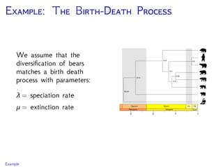E: T B-D P
We assume that the
diversiﬁcation of bears
matches a birth death
process with parameters:
λ = speciation rate
μ = extinction rate
0
10
20
30
Oligocene Miocene Plio. Plei.
Paleogene Neogene Quat.
33.24
27.9
15.9
13.1
11.6
9.95
2.8
Example
 