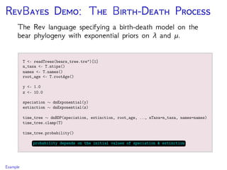 RB D: T B-D P
The Rev language specifying a birth-death model on the
bear phylogeny with exponential priors on λ and μ.
Example
 