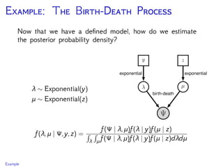 E: T B-D P
Now that we have a deﬁned model, how do we estimate
the posterior probability density?
λ ∼ Exponential(y)
μ ∼ Exponential(z)
f(λ,μ | Ψ,y,z) =
f(Ψ | λ,μ)f(λ | y)f(μ | z)
λ μ f(Ψ | λ,μ)f(λ | y)f(μ | z)dλdμ
Example
 