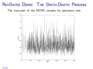 RB D: T B-D P
The trace-plot of the MCMC samples for speciation rate
speciation
State
0 5000 10000 15000 20000 25000 30000
0
2.5E-2
5E-2
7.5E-2
0.1
0.125
0.15
0.175
Example
 