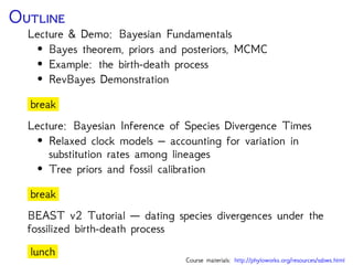 O
Lecture & Demo: Bayesian Fundamentals
• Bayes theorem, priors and posteriors, MCMC
• Example: the birth-death process
• RevBayes Demonstration
break
Lecture: Bayesian Inference of Species Divergence Times
• Relaxed clock models – accounting for variation in
substitution rates among lineages
• Tree priors and fossil calibration
break
BEAST v2 Tutorial — dating species divergences under the
fossilized birth-death process
lunch
Course materials: http://phyloworks.org/resources/ssbws.html
 