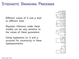 S B P
Diﬀerent values of λ and μ lead
to diﬀerent trees
Bayesian inference under these
models can be very sensitive to
the values of these parameters
Using hyperpriors on λ and μ
accounts for uncertainty in these
hyperparameters
Node Age Priors
 
