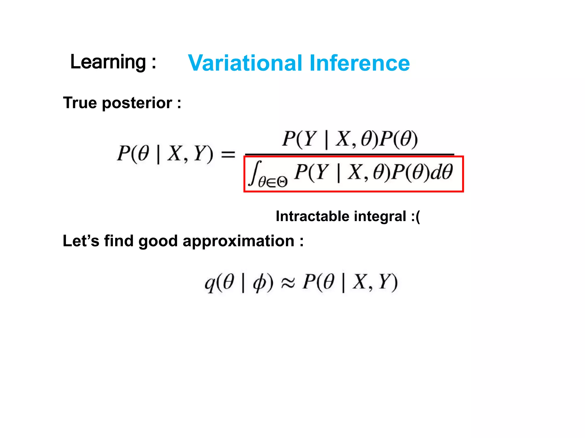 Variational Inference
True posterior :
Let’s find good approximation :
Learning :
Intractable integral :(
 