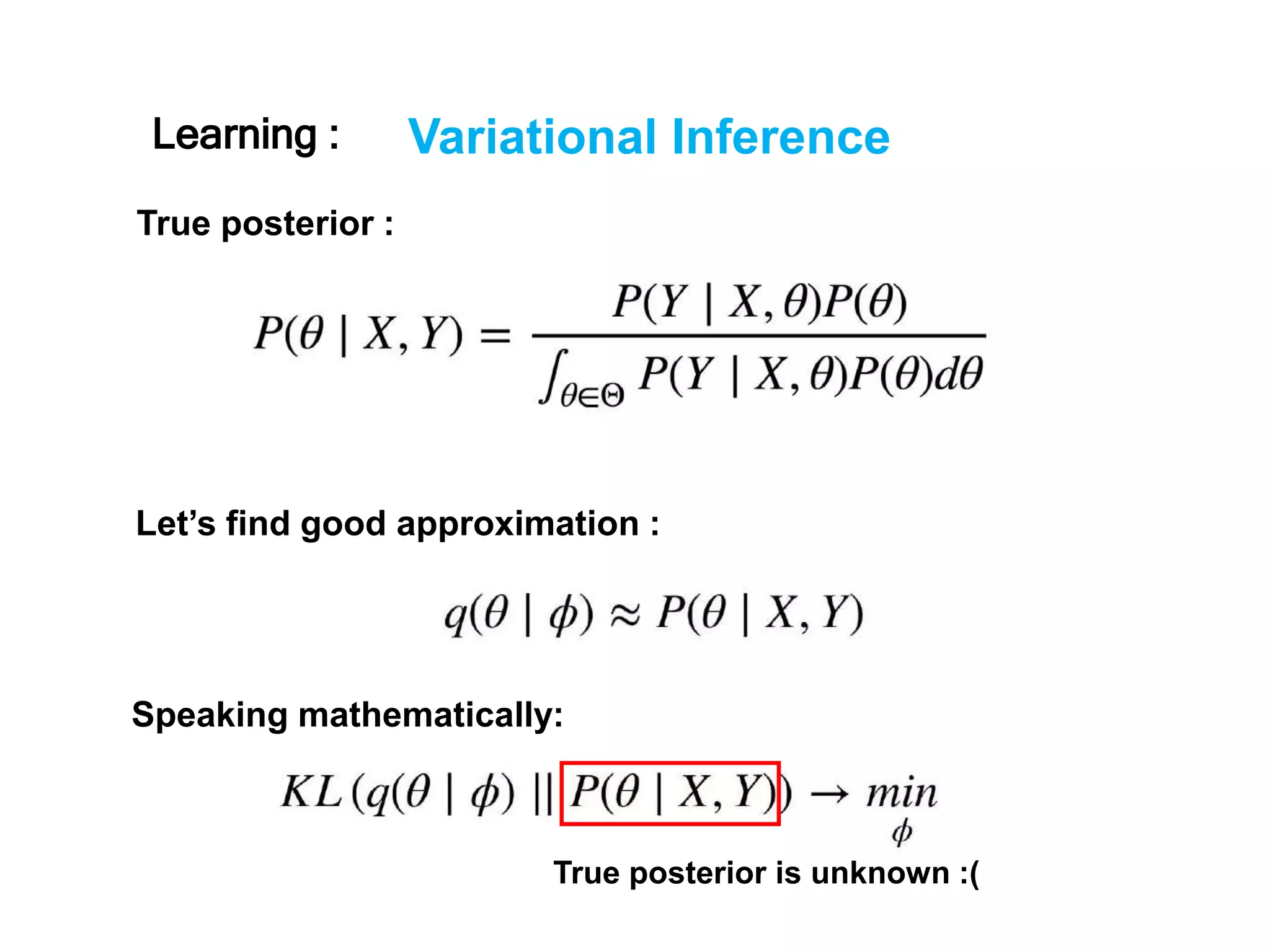 Variational Inference
True posterior :
Let’s find good approximation :
Speaking mathematically:
True posterior is unknown :(
Learning :
 