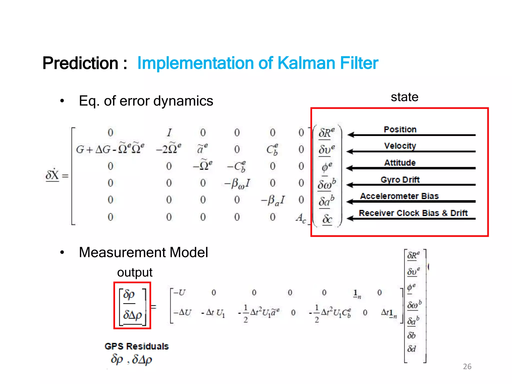 26
• Eq. of error dynamics
Implementation of Kalman FilterPrediction :
• Measurement Model
state
output
 