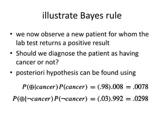 illustrate Bayes rule
• we now observe a new patient for whom the
lab test returns a positive result
• Should we diagnose the patient as having
cancer or not?
• posteriori hypothesis can be found using
 