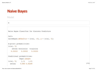 Bayesian Models in R 10/3/14, 13:37 
Naive*Bayes 
Model: 
m 
Naive Bayes Classifier for Discrete Predictors 
Call: 
naiveBayes.default(x = iris[, -5], y = iris[, 5]) 
A-priori probabilities: 
iris[, 5] 
setosa versicolor virginica 
0.33333 0.33333 0.33333 
Conditional probabilities: 
Sepal.Length 
iris[, 5] [,1] [,2] 
setosa 5.006 0.35249 27/53 
http://docs.supstat.com/BayesianModelEN/#1 Page 27 of 53 
 