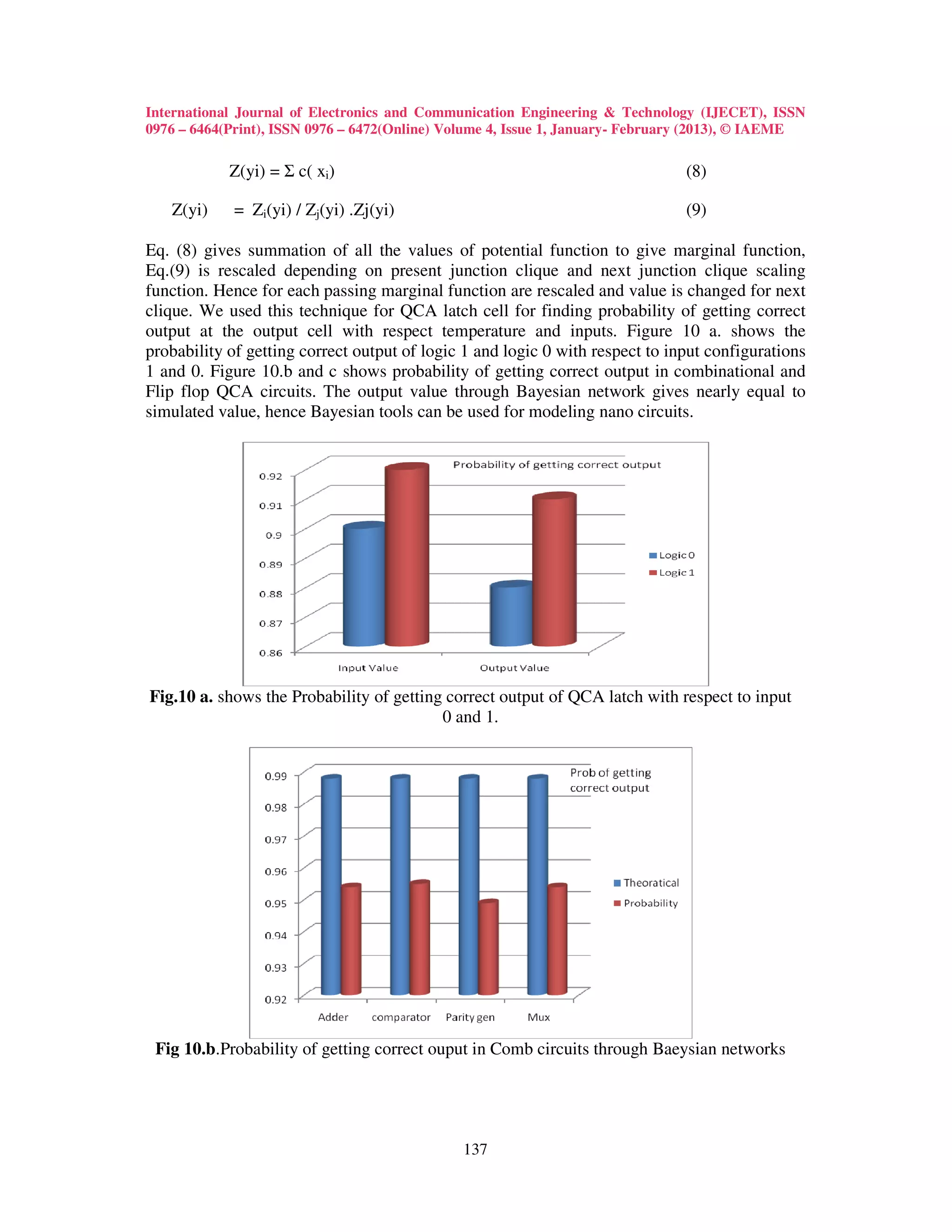 International Journal of Electronics and Communication Engineering & Technology (IJECET), ISSN
0976 – 6464(Print), ISSN 0976 – 6472(Online) Volume 4, Issue 1, January- February (2013), © IAEME

            Z(yi) = Σ c( xi)                                                   (8)

   Z(yi)     = Zi(yi) / Zj(yi) .Zj(yi)                                         (9)

Eq. (8) gives summation of all the values of potential function to give marginal function,
Eq.(9) is rescaled depending on present junction clique and next junction clique scaling
function. Hence for each passing marginal function are rescaled and value is changed for next
clique. We used this technique for QCA latch cell for finding probability of getting correct
output at the output cell with respect temperature and inputs. Figure 10 a. shows the
probability of getting correct output of logic 1 and logic 0 with respect to input configurations
1 and 0. Figure 10.b and c shows probability of getting correct output in combinational and
Flip flop QCA circuits. The output value through Bayesian network gives nearly equal to
simulated value, hence Bayesian tools can be used for modeling nano circuits.




Fig.10 a. shows the Probability of getting correct output of QCA latch with respect to input
                                          0 and 1.




 Fig 10.b.Probability of getting correct ouput in Comb circuits through Baeysian networks




                                              137
 