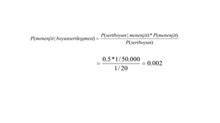 P(menenjit | boyunsertleşşmesi)

P( sertboyun | menenjit) * P(menenjit)
P( sertboyun)

0.5 *1 / 50.000
1 / 20

0.002

 