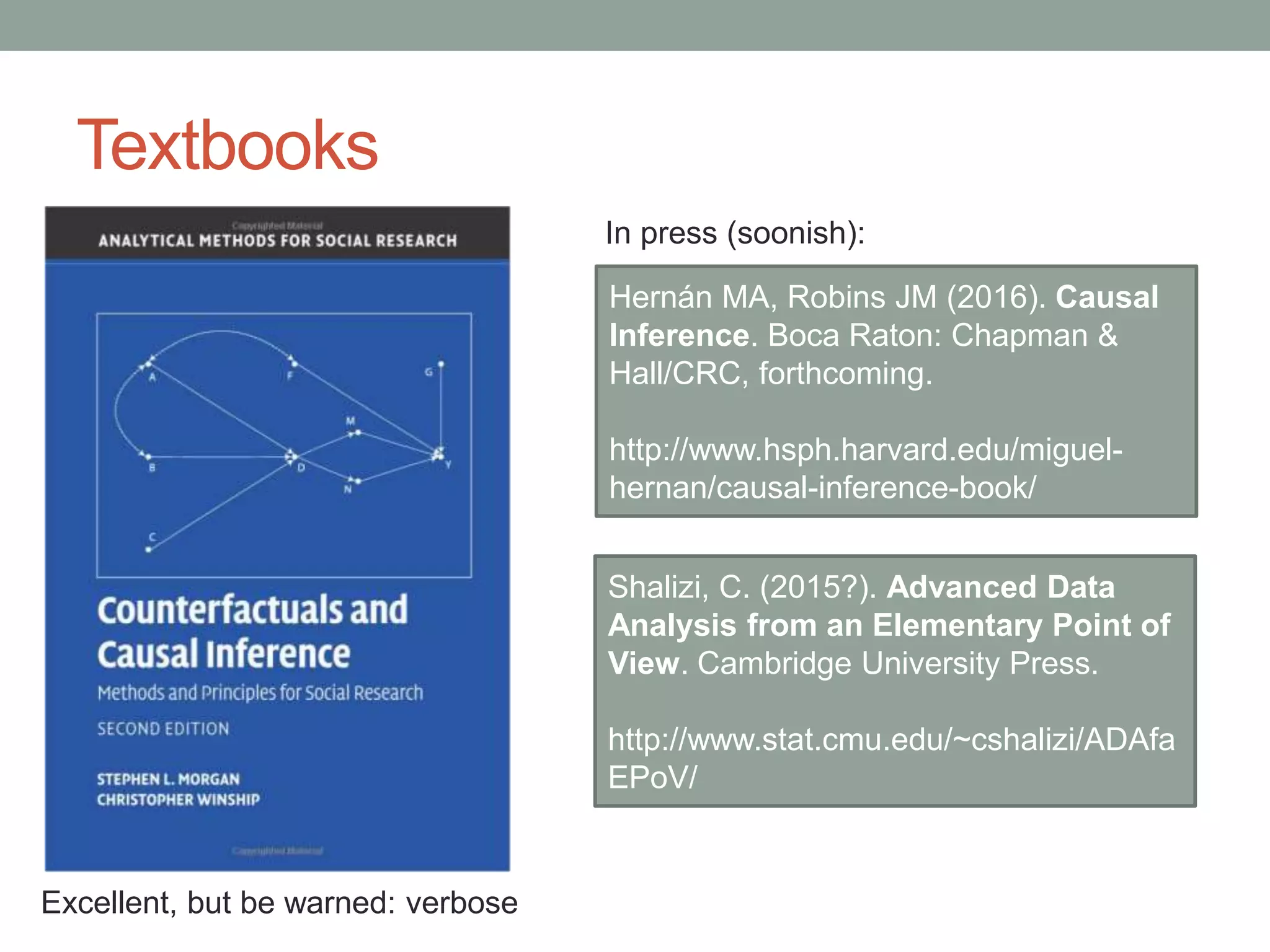 Textbooks
Hernán MA, Robins JM (2016). Causal
Inference. Boca Raton: Chapman &
Hall/CRC, forthcoming.
http://www.hsph.harvard.edu/miguel-
hernan/causal-inference-book/
Shalizi, C. (2015?). Advanced Data
Analysis from an Elementary Point of
View. Cambridge University Press.
http://www.stat.cmu.edu/~cshalizi/ADAfa
EPoV/
In press (soonish):
Excellent, but be warned: verbose
 