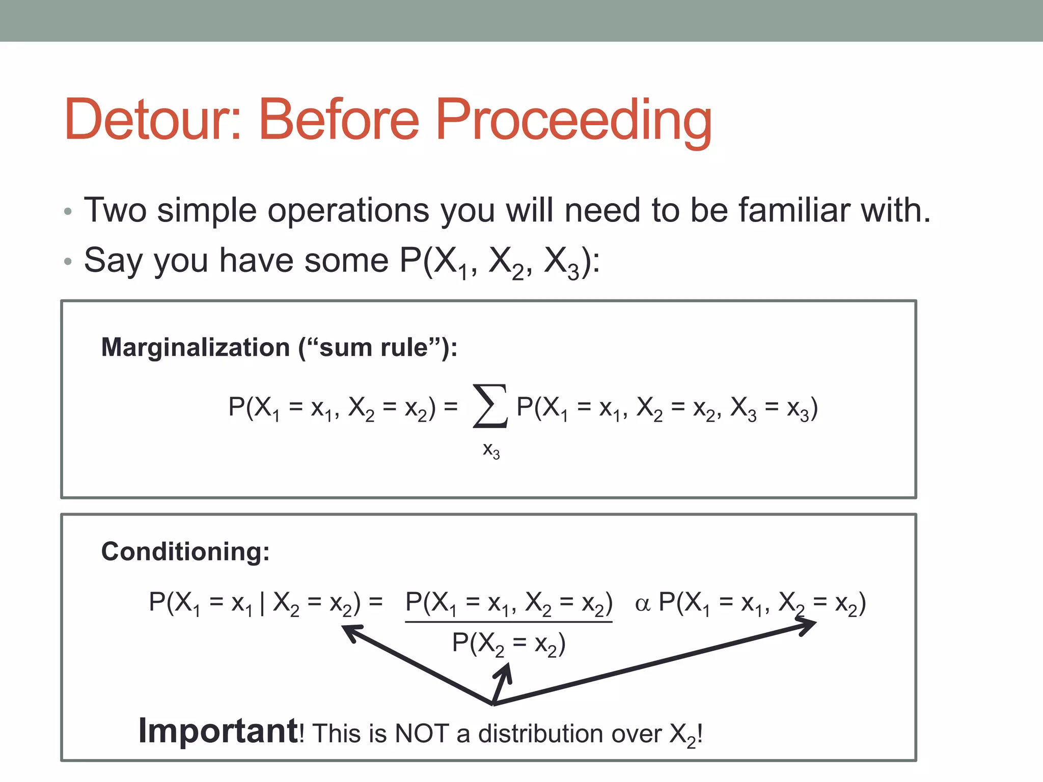 Detour: Before Proceeding
• Two simple operations you will need to be familiar with.
• Say you have some P(X1, X2, X3):
P(X1 = x1, X2 = x2) = P(X1 = x1, X2 = x2, X3 = x3)
x3
Marginalization (“sum rule”):
P(X1 = x1 | X2 = x2) = P(X1 = x1, X2 = x2)  P(X1 = x1, X2 = x2)
Conditioning:
P(X2 = x2)
Important! This is NOT a distribution over X2!
 