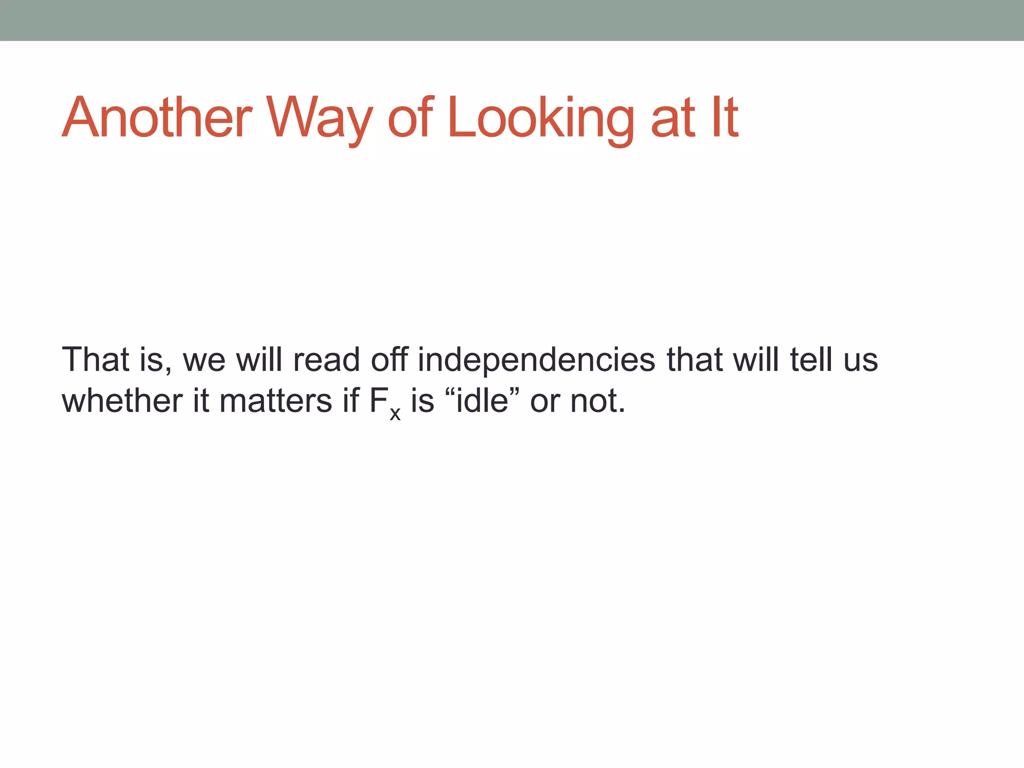 Another Way of Looking at It
That is, we will read off independencies that will tell us
whether it matters if Fx is “idle” or not.
 