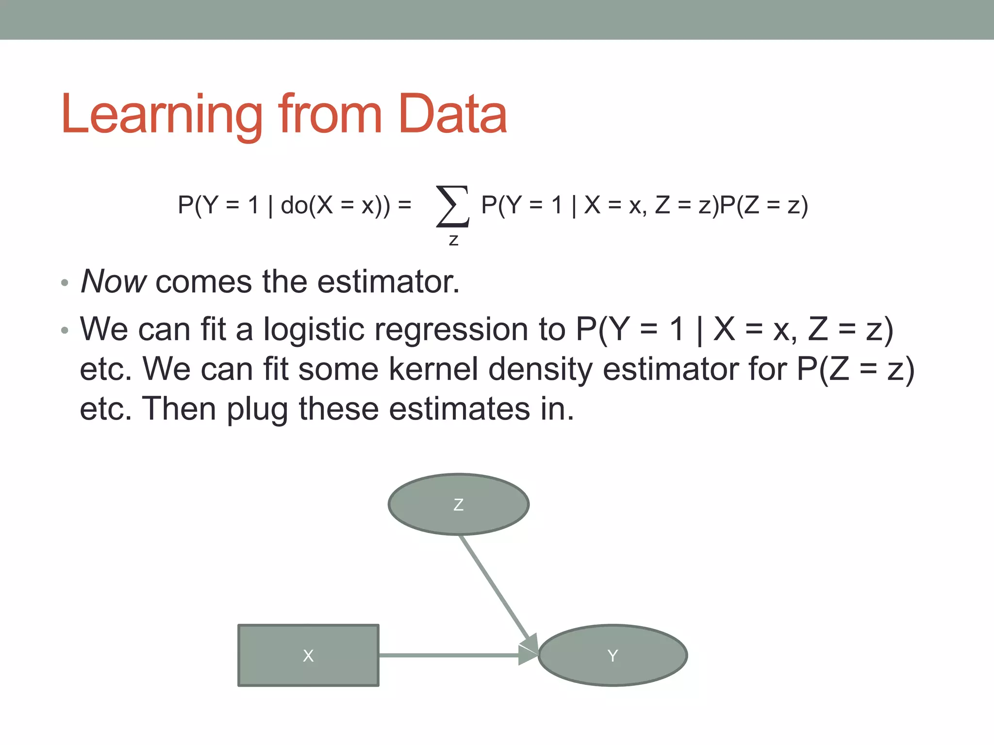 Learning from Data
• Now comes the estimator.
• We can fit a logistic regression to P(Y = 1 | X = x, Z = z)
etc. We can fit some kernel density estimator for P(Z = z)
etc. Then plug these estimates in.
X Y
Z
X
P(Y = 1 | do(X = x)) = P(Y = 1 | X = x, Z = z)P(Z = z)
z
 